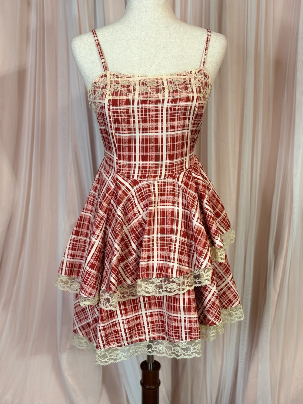 Red Plaid Lace Tiered Cottagecore Coquette Mini Dress Size M - Picture 16 of 16